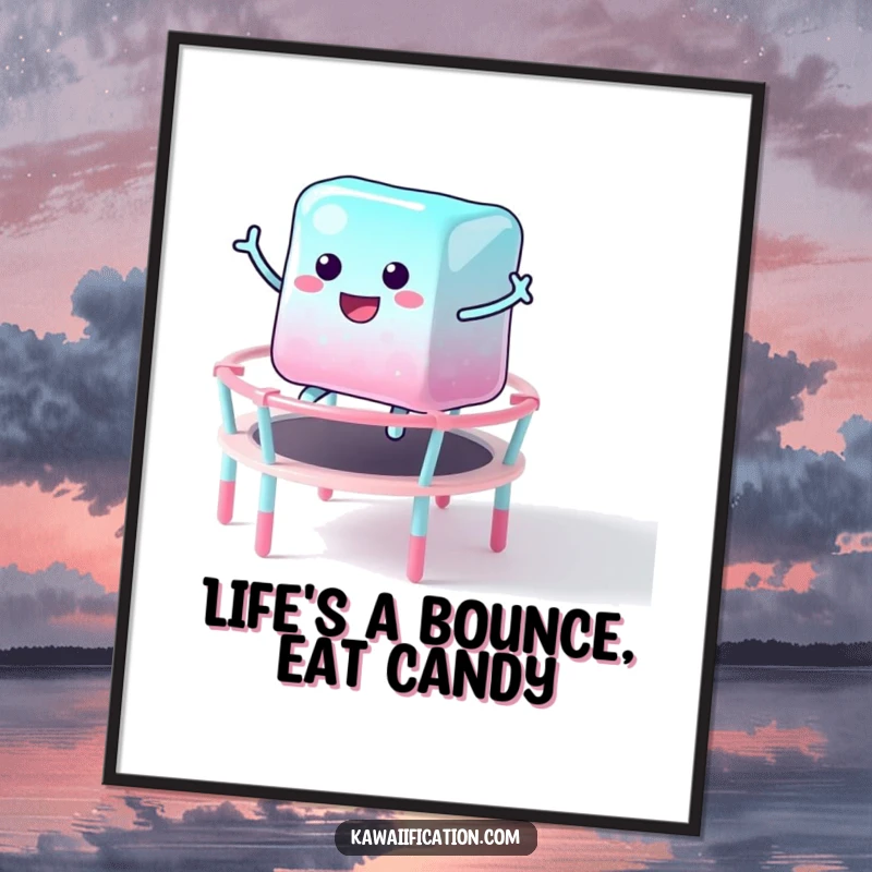 Funny Free Printable Wall Art: Wobbly jelly cube gleefully bouncing on a colorful candy trampoline, full of energy.