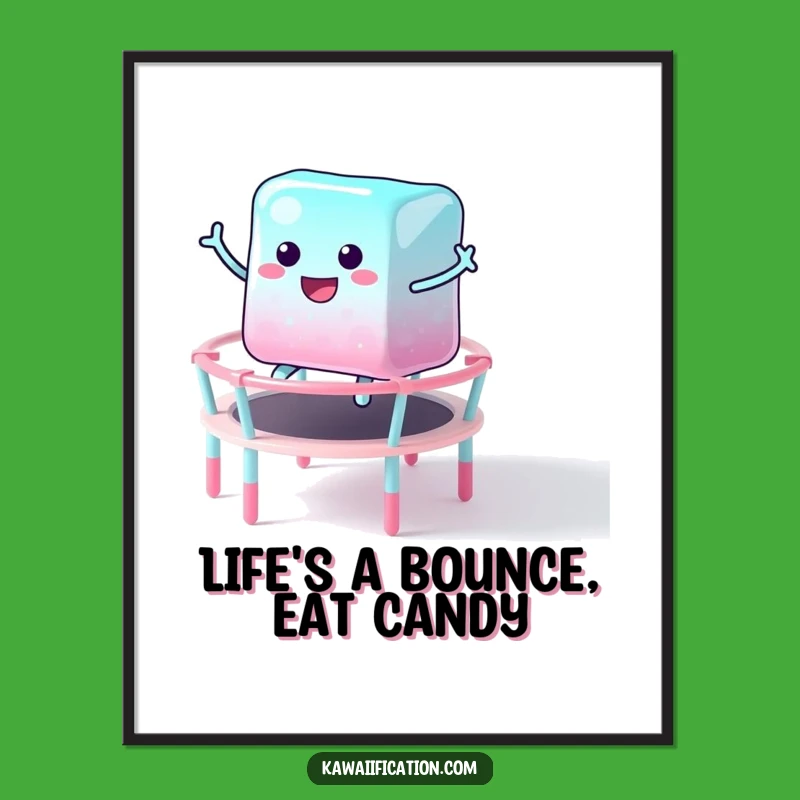 Funny Free Printable Wall Art: Bouncing Jelly Cube on Candy Trampoline - Downloadable Decor
