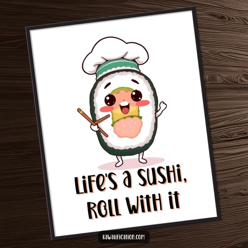 Free Printable wall art of a sushi roll character in a chef hat juggling chopsticks.