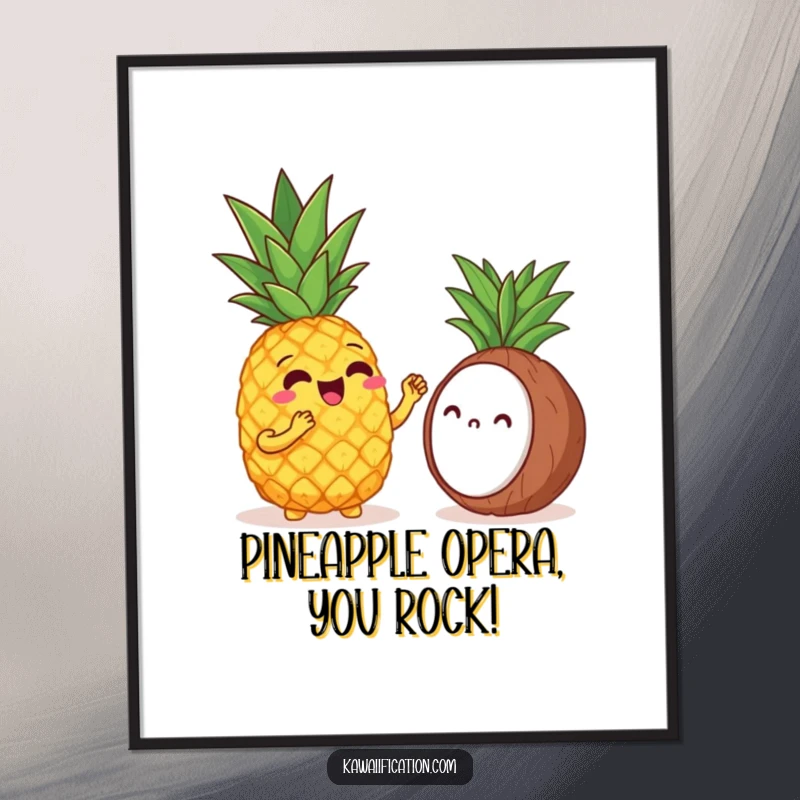 Funny Free Printable Wall Art: Cheerful Pineapple Enthusiastically Sings Opera to a Shy Coconut