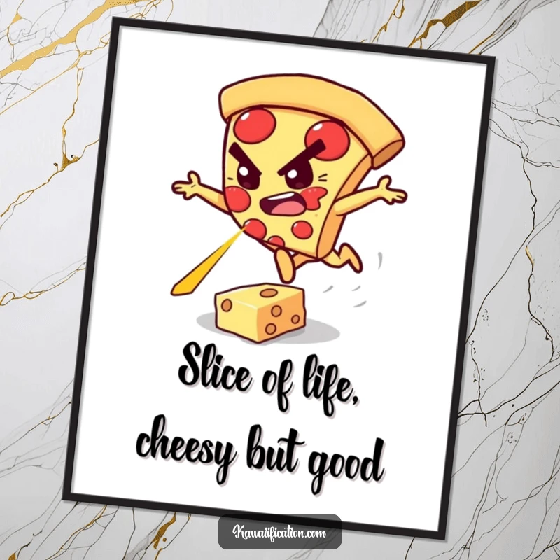 Funny free printable wall art of a determined pizza slice character leaping over a cheesy laser.