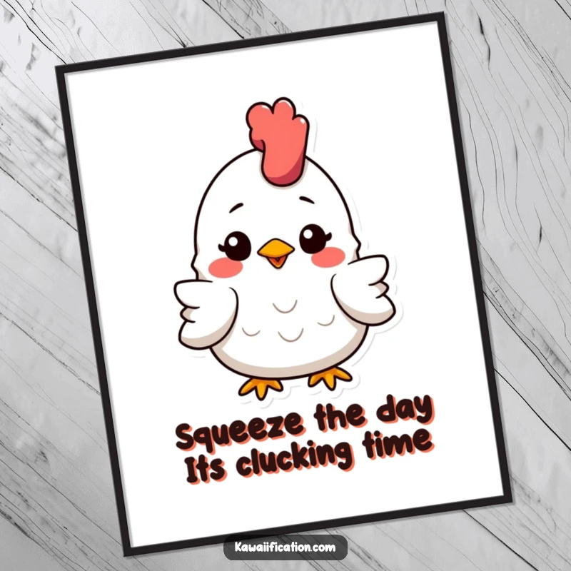 Funny Free Printable Wall Art showcasing a slightly squashed rubber chicken that maintains a cheerful, wide smile.
