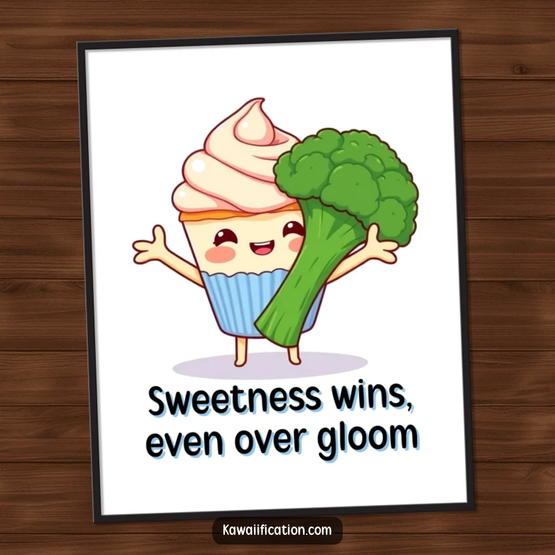 Funny Free Printable Wall Art: Happy cupcake with frosting arms outstretched, attempting to hug a grumpy broccoli, a funny downloadable scene.