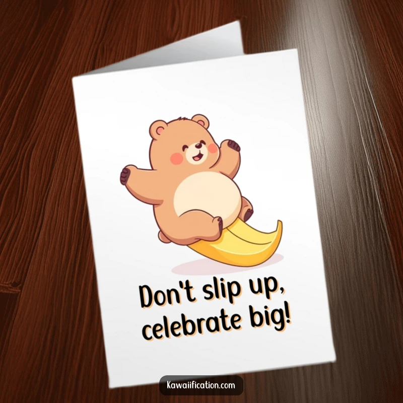 Funny Free Printable Birthday Card: A plump bear comically attempting to climb a very slippery banana peel.