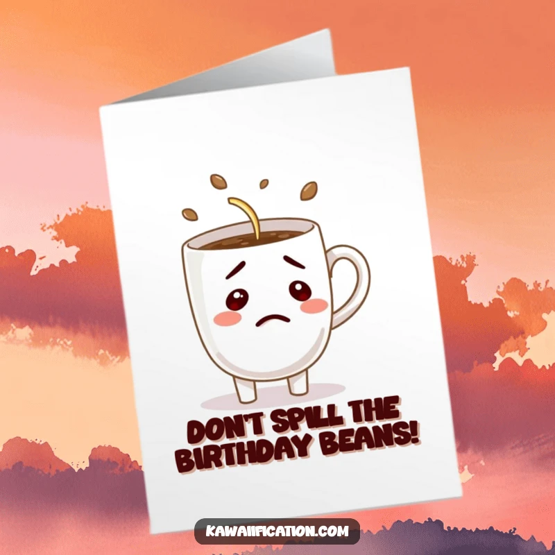Funny Free Printable Birthday Card: A bewildered coffee cup hilariously attempts to pour itself, spilling everywhere.