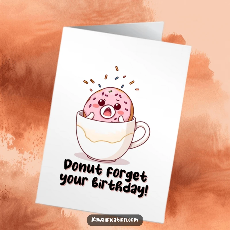 Funny Free Printable birthday card of a surprised donut with sprinkles falling off a coffee cup.