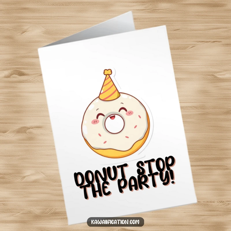 Funny Free Printable Birthday Card: A delighted donut character joyfully attempts to wear a tiny, festive party hat.