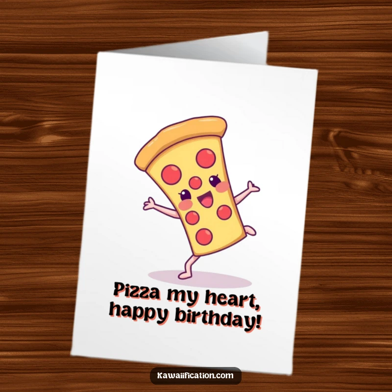 Funny Free Printable Birthday Card: A cheerful pizza slice attempts a cartwheel, adding a fun, energetic vibe to your wishes.