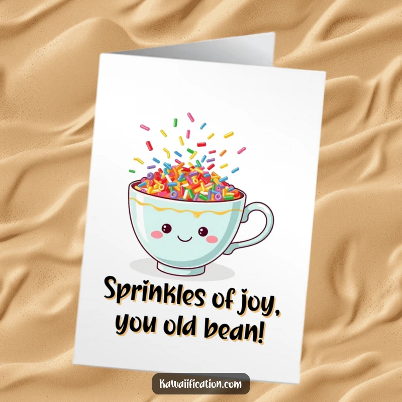 Funny Free Printable Birthday Card: Cheerful teacup overflowing with colorful, dancing sprinkles, ready to party.
