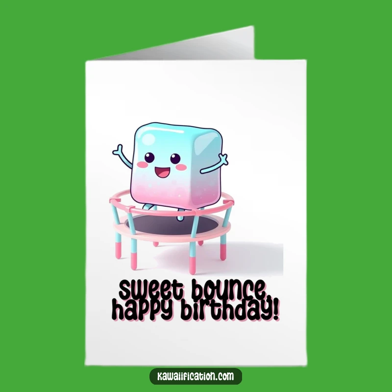 Free Printable Birthday Card: Funny Jelly Cube Bouncing on Candy Trampoline - Downloadable Gift