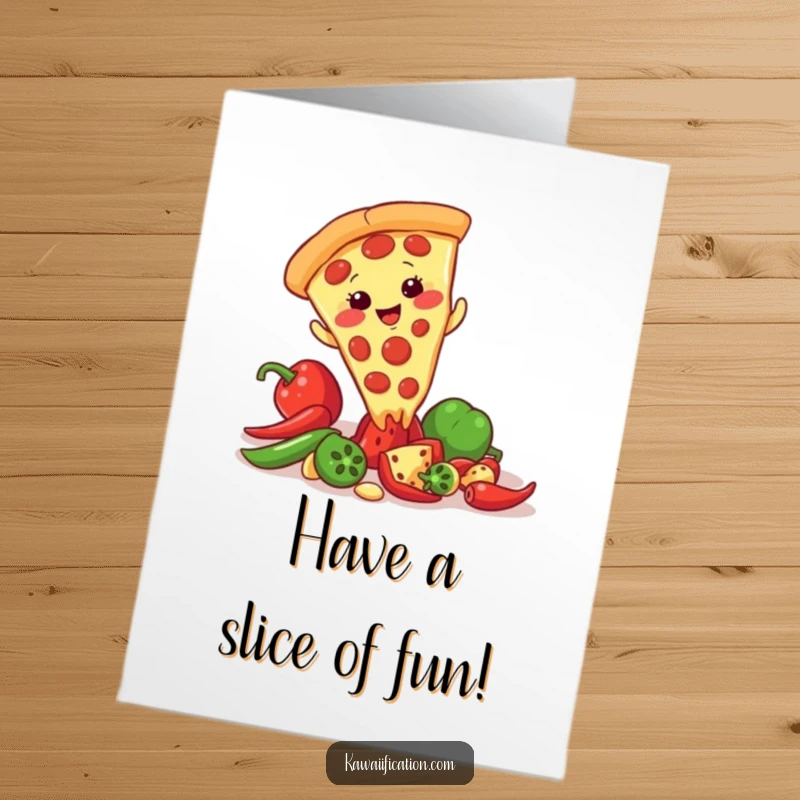 Funny Free Printable Birthday Card: Giggling pizza slice character slipping comedically on a scattered pepper.