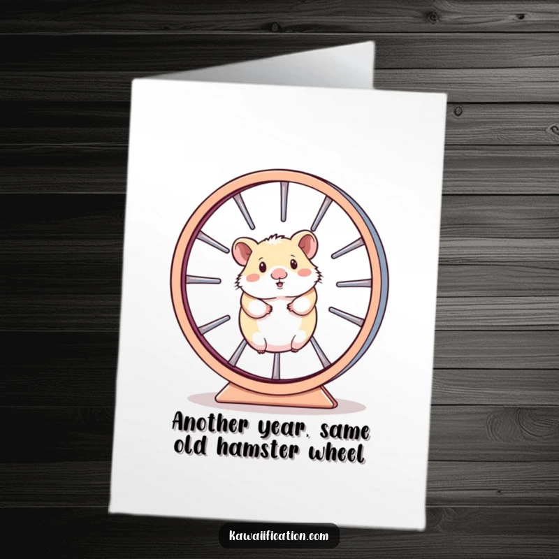 Funny Free Printable Birthday Card depicting a hamster comically stuck inside its own oversized, rapidly spinning wheel.