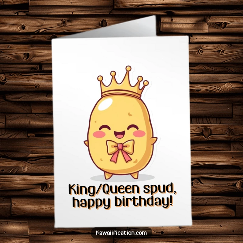 Funny Free Printable Birthday Card: A proud potato character wearing a tiny crown attempting a majestic bow.