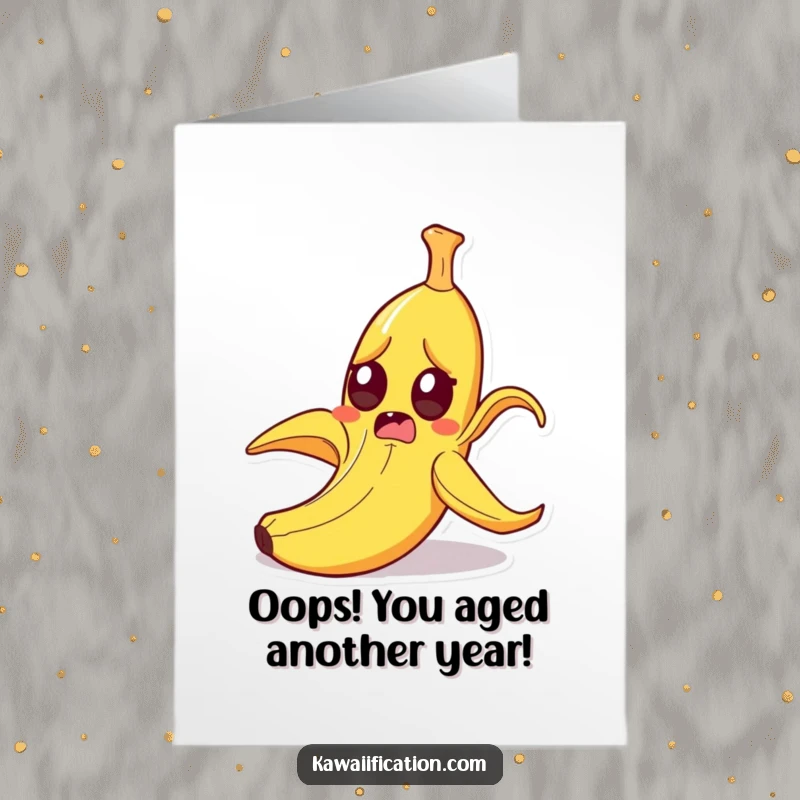 Funny Free Printable Birthday Card: Startled banana peel losing its footing, wide-eyed and surprised, perfect for a laugh.