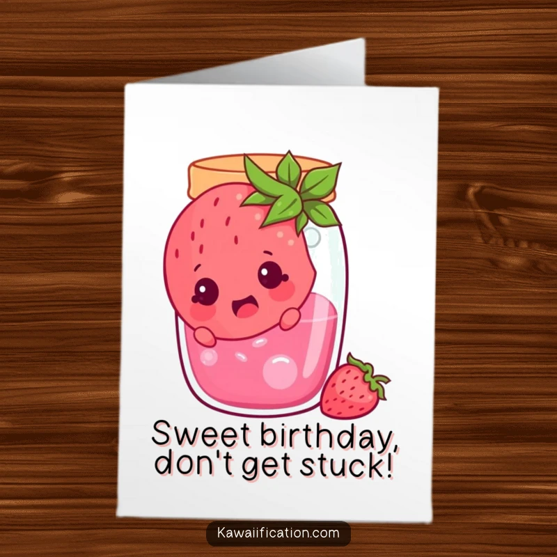 Funny Free Printable Birthday Card: A cheerful strawberry character surprised, stuck inside a jam jar, a berry silly birthday greeting.
