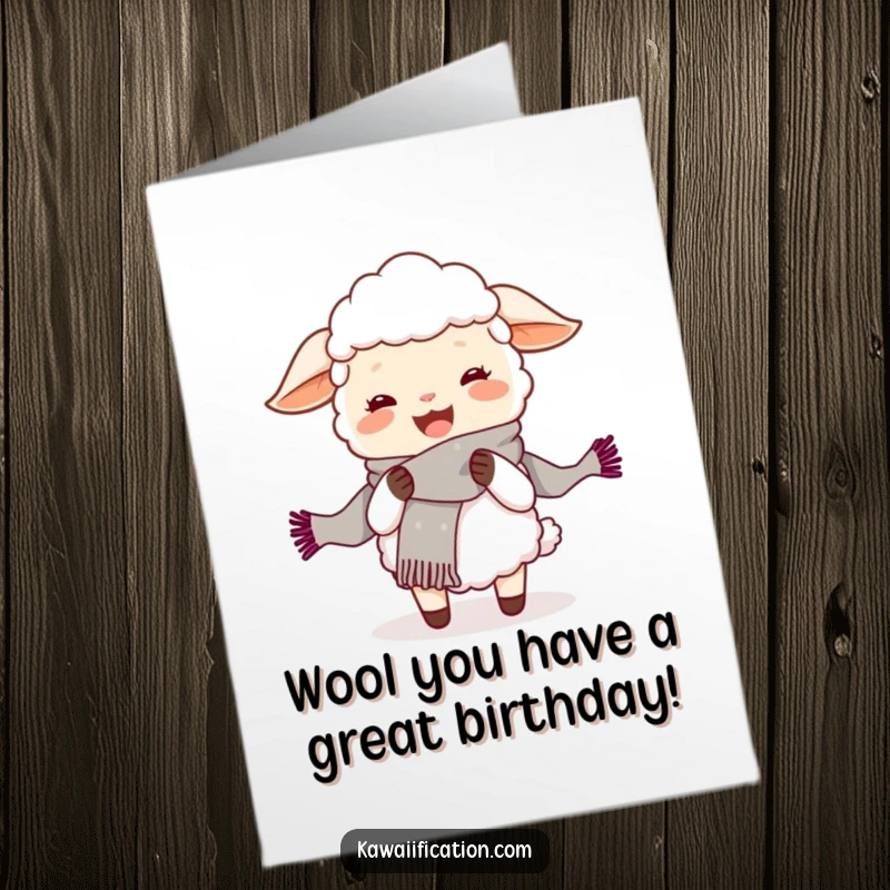 Funny free printable birthday card featuring a joyful sheep humorously knitting an absurdly long scarf, perfect for a DIY gift.