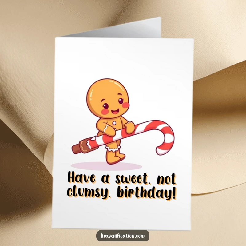 Mischievous free printable birthday card of a gingerbread man tripping over a giant candy cane.