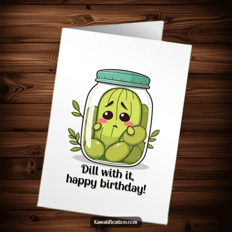 Funny Free Printable Birthday Card: Nervous pickle attempting to hide in a jar full of olives, looking quite flustered.