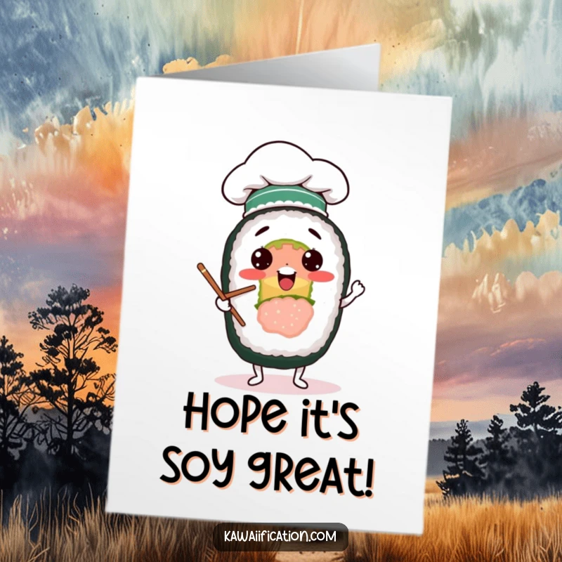 Funny Free Printable birthday card featuring a sushi roll chef juggling chopsticks with a chef hat.