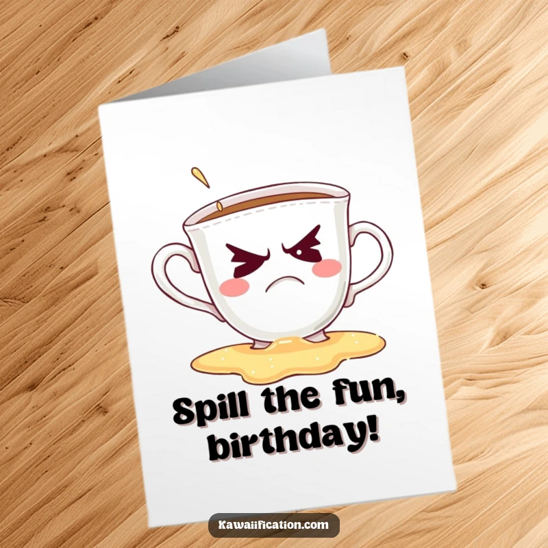 Funny Free Printable Birthday Card: Grumpy Teacup Spills Contents While Attempting a Wobbly Wink