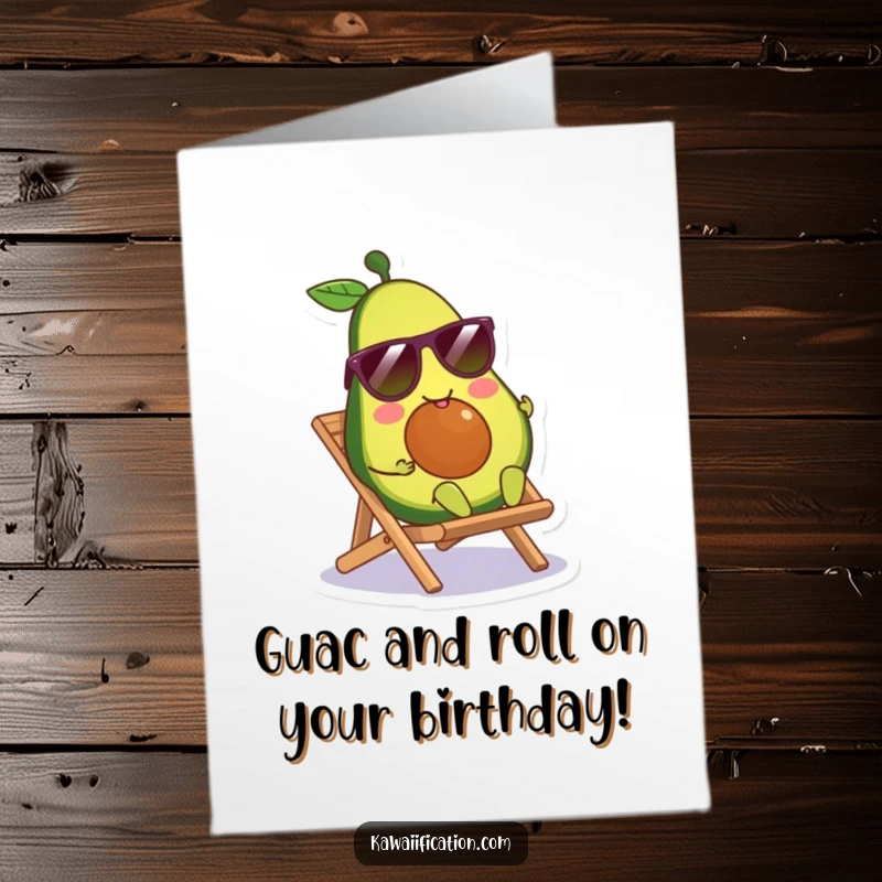 Funny Free Printable Happy Birthday card: a smiling avocado character in sunglasses lounging on a tiny beach chair.