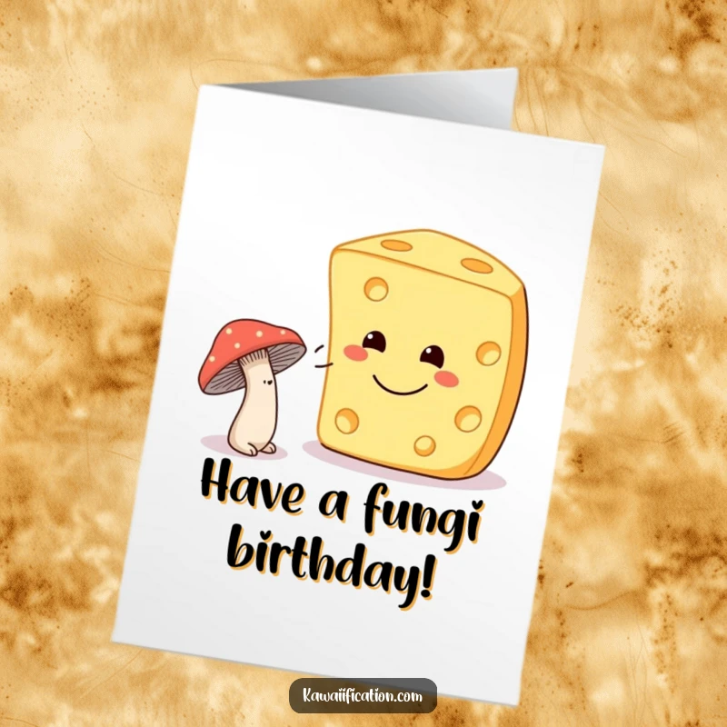 Funny Free Printable Birthday Card: A shy mushroom attempting a wink at a giant, smiling cheese wheel, a charmingly awkward greeting.