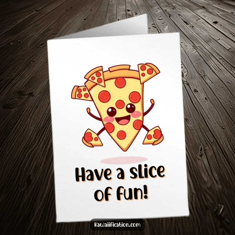 Funny Free Printable Birthday Card: Smiling pizza slice juggling multiple pepperoni slices with a cheerful expression.