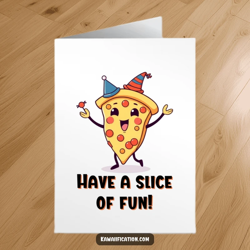 Funny Free Printable Birthday Card: A pizza character juggles slices, each wearing a unique tiny party hat.