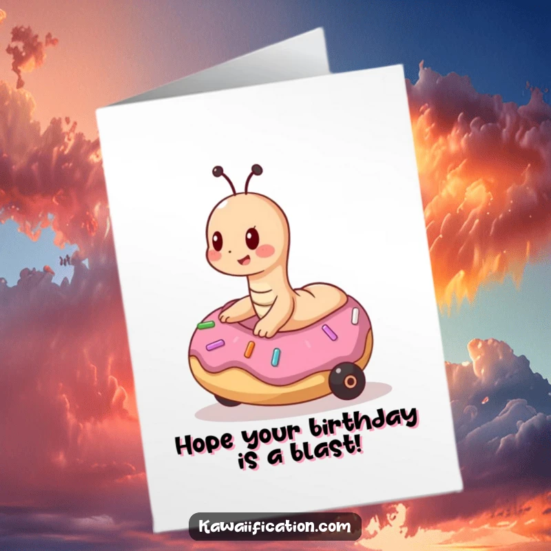 Funny free printable birthday card showing a playful worm attempting to ride a rolling donut, a unique downloadable gift.