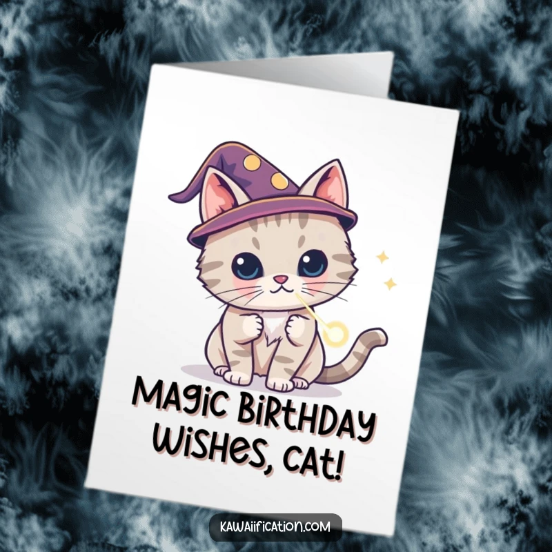 Funny Free Printable Birthday Card: Cat in wizard hat conjuring a laser dot, casting a spell of fun.