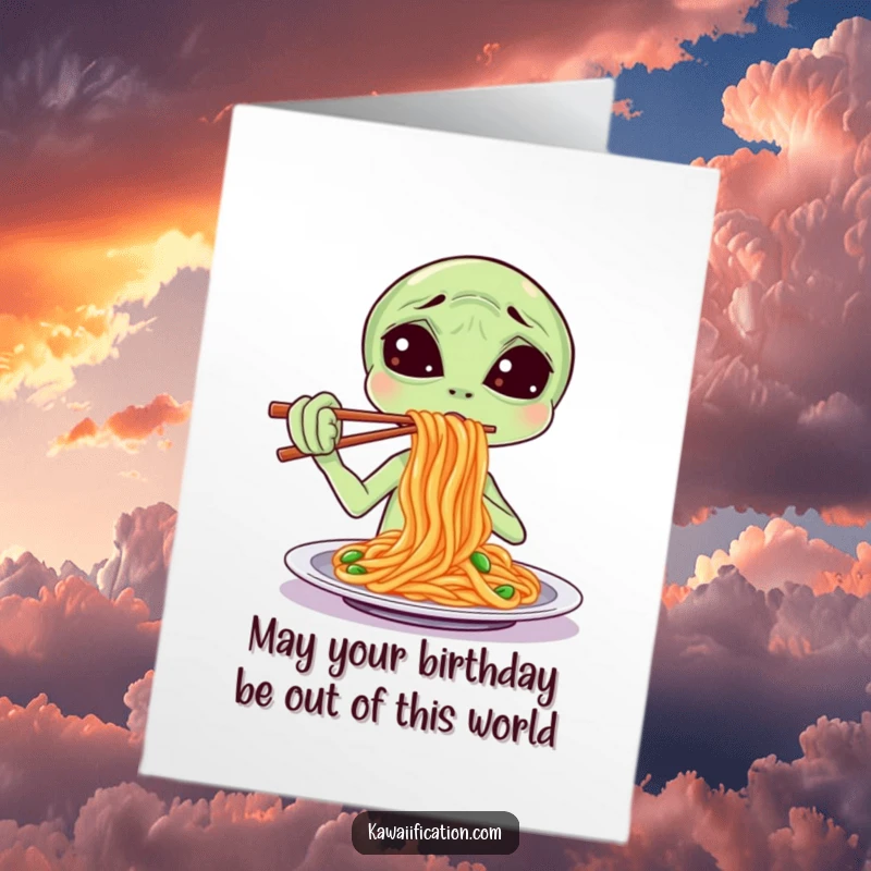 Funny Free Printable Birthday Card depicting a confused alien struggling to eat spaghetti using chopsticks.