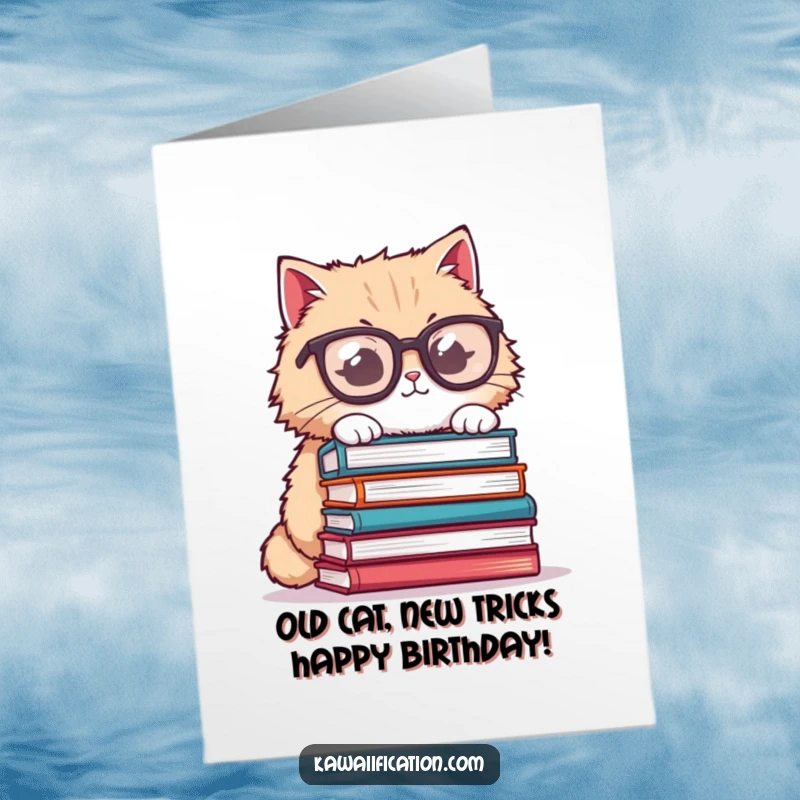 Funny Free Printable Birthday Card: Fluffy cat wearing oversized glasses, precariously balancing a tall stack of books.