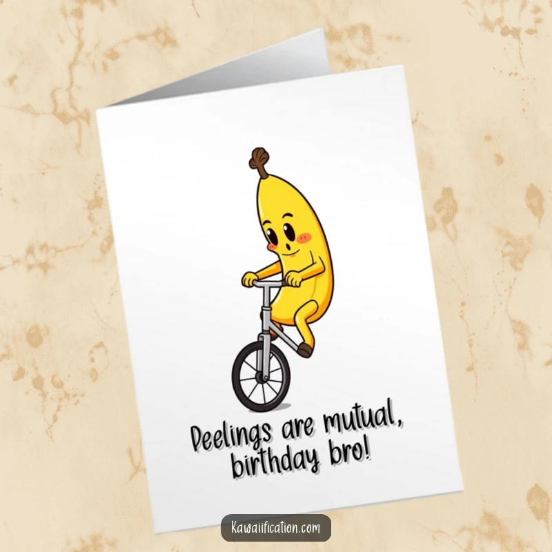 Funny Free Printable Birthday Card: Determined banana character hilariously wobbles on a unicycle, ready for a laugh.