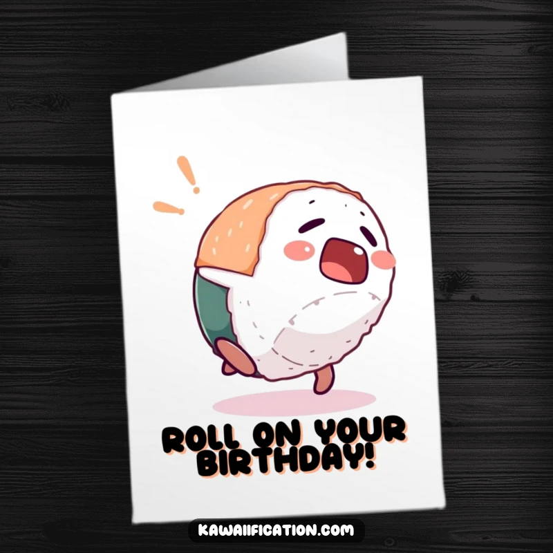 Funny Free Printable Birthday Card: A startled sushi piece comically performs a backflip, celebrating a birthday.