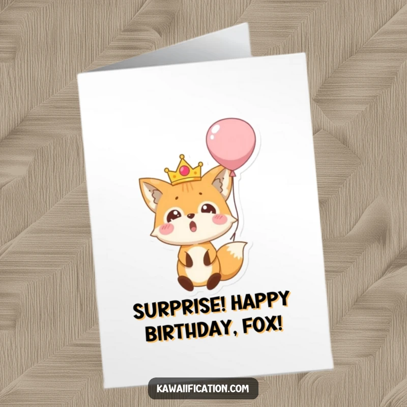 Funny Free Printable Birthday Card: Surprised fox wearing a crown, tumbling out of a balloon, mid-birthday surprise.