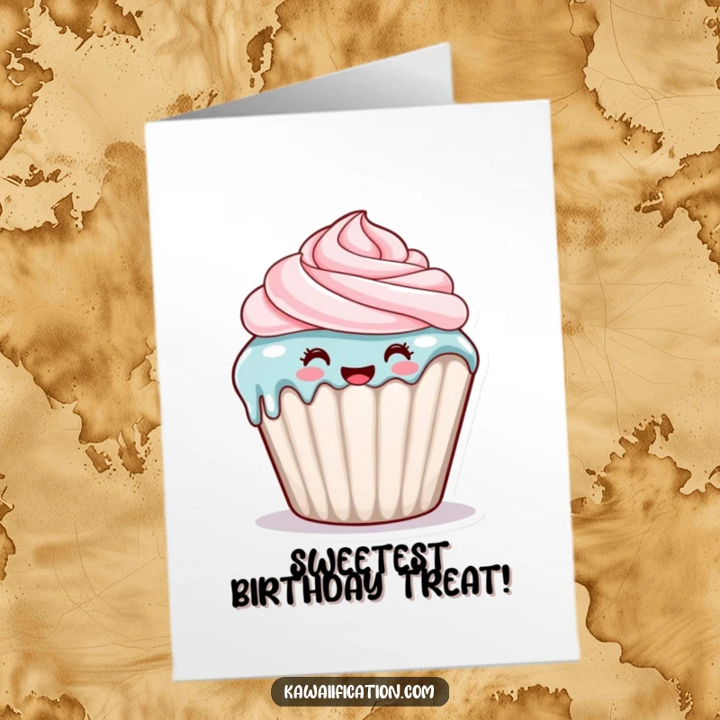 Funny Free Printable Birthday Card: A happy cupcake character with frosting dripping down its side, celebrating a birthday.