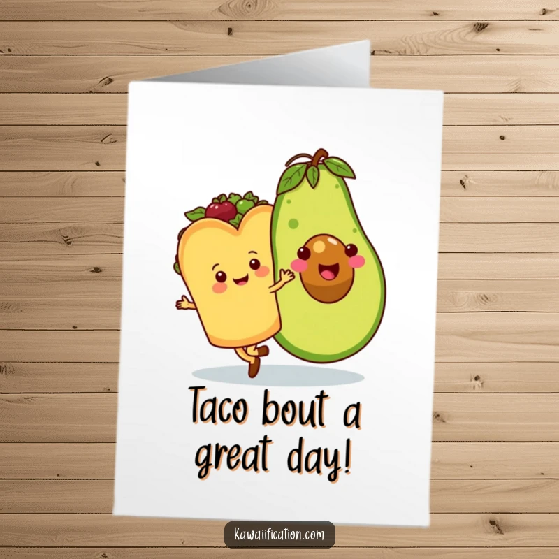Funny Free Printable Birthday Card: Happy taco waltzing joyfully with a smiling avocado, celebrating a special day.