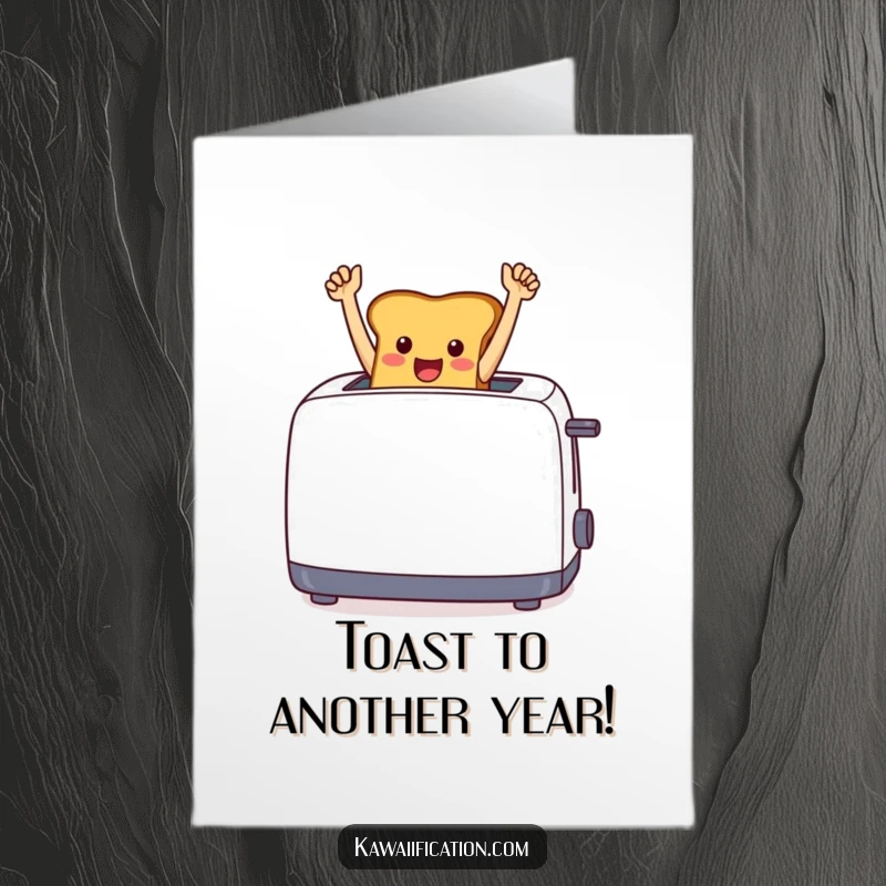 Funny Free Printable Birthday Card: A cheerful piece of toast leaping from a toaster, arms up in victory, a funny downloadable.