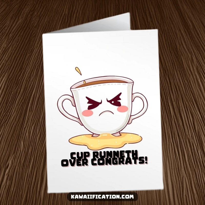 Funny Free Printable Congrats Card: Grumpy Teacup Spills While Trying an Amusingly Awkward Wink