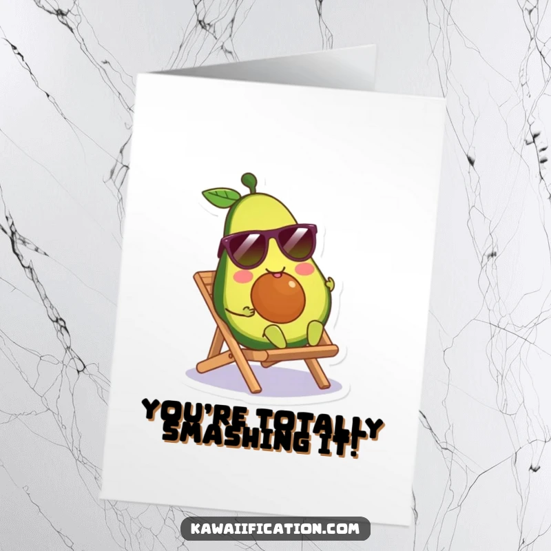 Funny Free Printable Congratulations card featuring a smiling avocado in sunglasses relaxing on a mini beach chair.