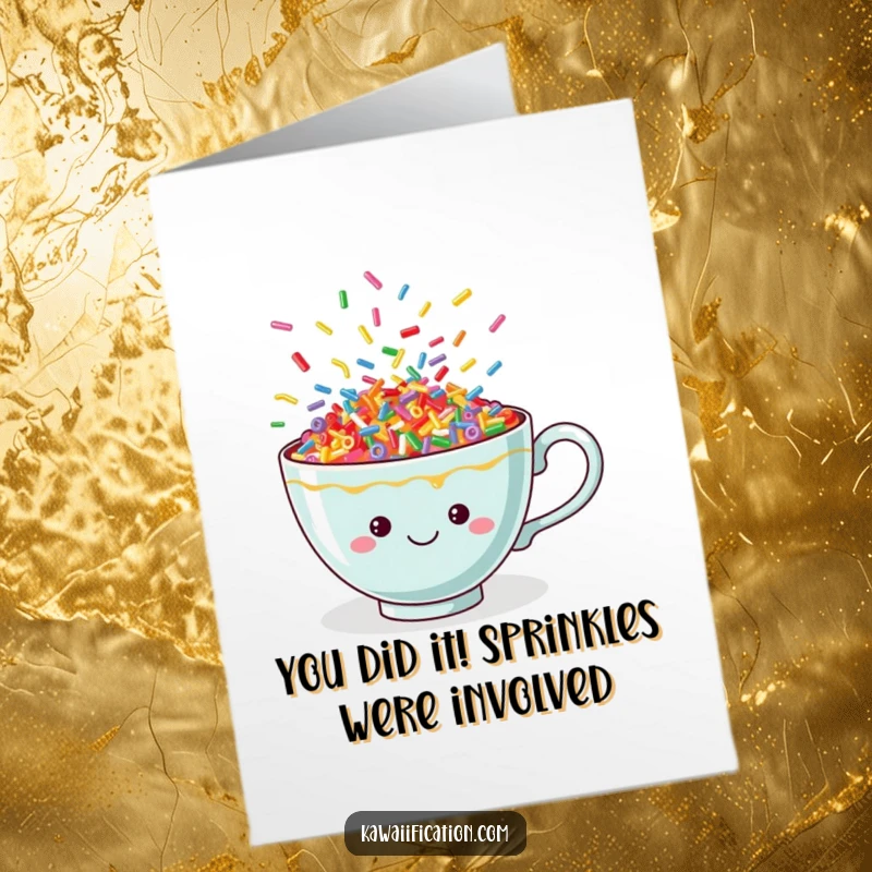 Funny Free Printable Congratulations Card: A teacup brimming with vibrant, dancing sprinkles, celebrating success.