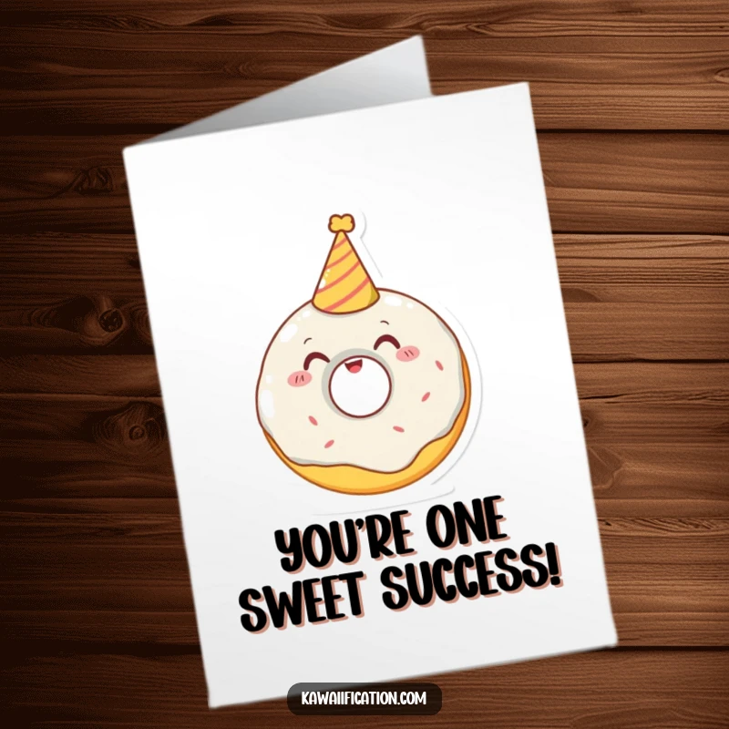 Funny Free Printable Congrats Card: A delighted donut wearing a tiny party hat, celebrating an achievement.