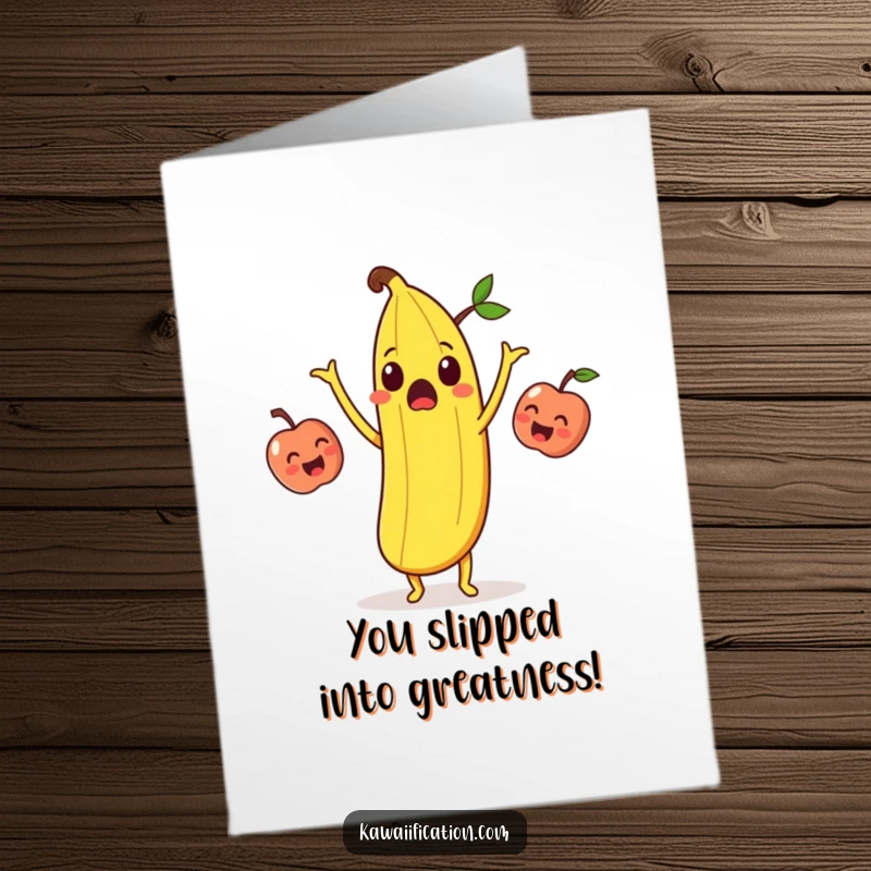Funny Free Printable Congratulations Card: A surprised banana peel juggling laughing apples, celebrating success with fruity chaos and humor.
