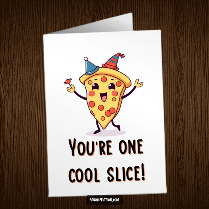 Funny Free Printable Congrats Card: A pizza juggling slices adorned with tiny hats, celebrating a win.