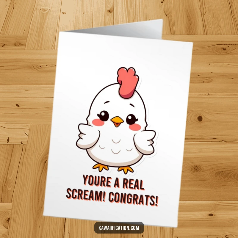 Funny Free Printable Congratulations Card showing a slightly squashed rubber chicken with a continuous, happy smile.