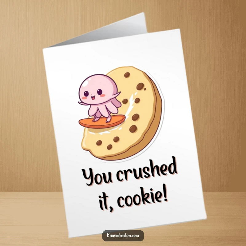 Funny Free Printable Congratulations Card: wobbly jelly confidently surfing a giant cookie, spreading cheer.
