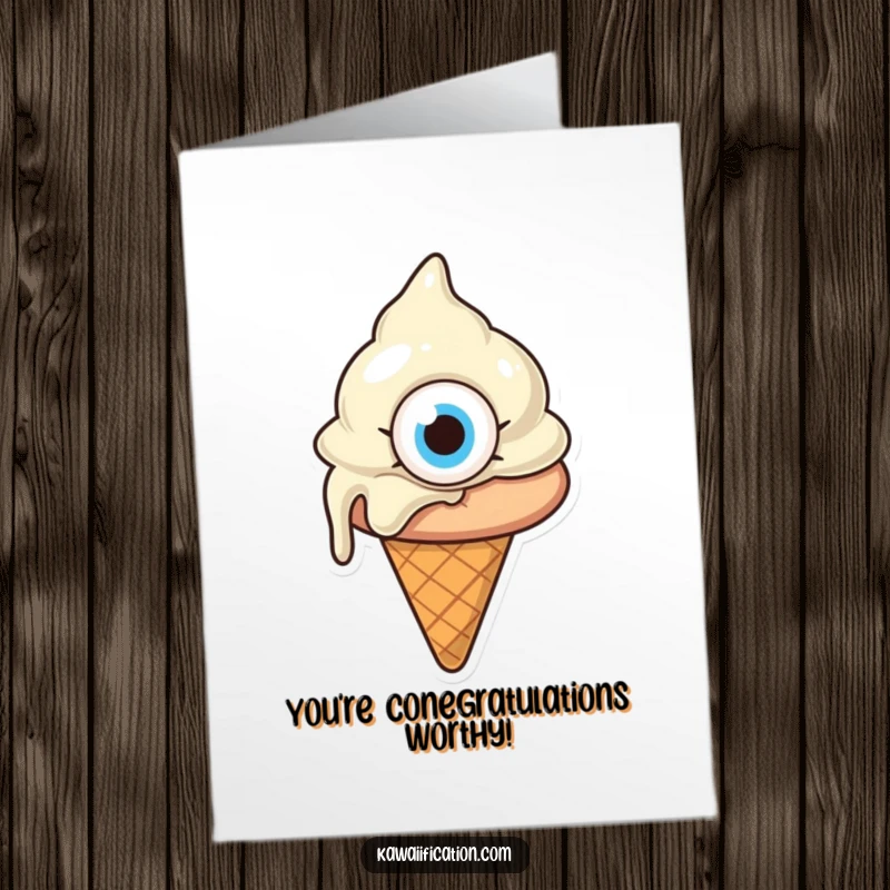 Funny Free Printable Congrats Card: Confused melting ice cream cone with a giant eye, perfect for congratulating with a laugh.