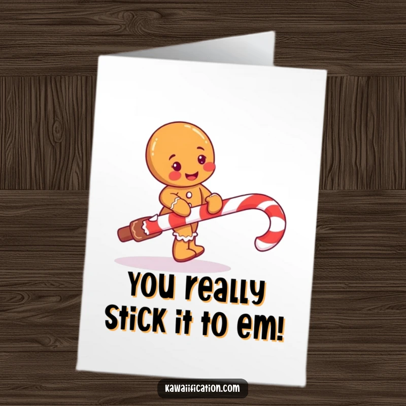 Humorous free printable congratulations card of a gingerbread man comically tripping on a candy cane.
