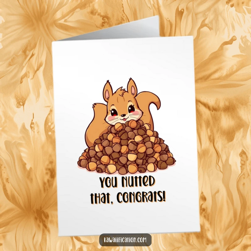 Funny Free Printable Squirrel Congratulations Card with a mischievous squirrel guarding a massive acorn stash.