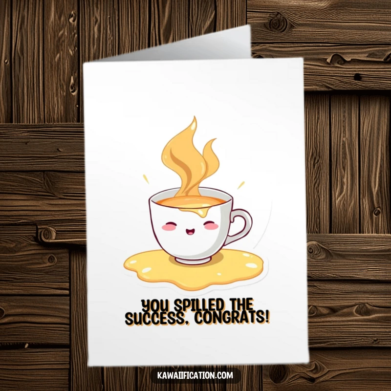 Funny free printable congratulations card showing a cheerful teacup character spilling its hot drink, a unique downloadable.